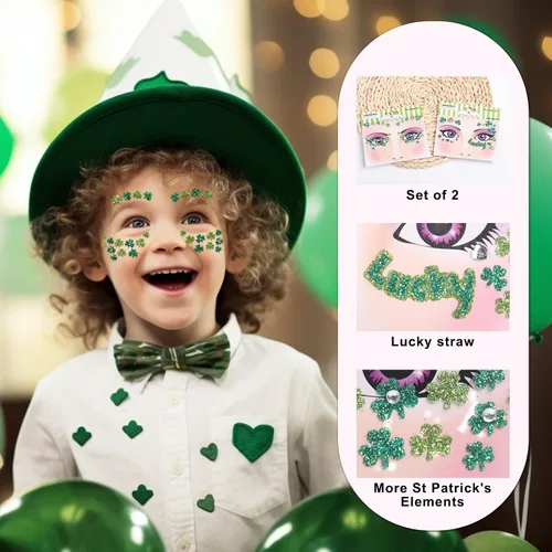 Vista 2 de Ecuupas Día de San Patricio, gemas faciales para festivales de tréboles, trébol con purpurina verde, diseño de diamantes de imitación de ojos