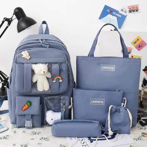 Vista 7 de Juego de 5 mochilas kawaii para niñas con bonitos accesorios de oso, suministros escolares, bolsas para bolígrafos, bolsa de hombro, azul (03-Blue)