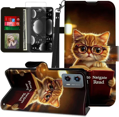 Vista 403 de Funda para Motorola Edge 2022 con protector de pantalla, soporte y tarjetero y correa para la muñeca, funda magnética para Moto Edge 2022 5G UW Lobo