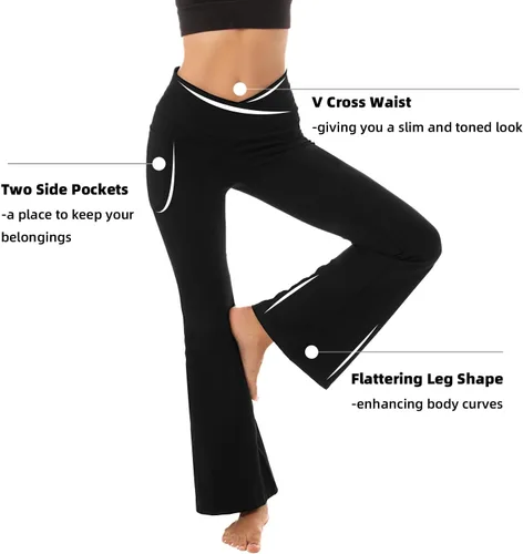 Vista 2 de Leggings acampanados para mujer, pantalones de yoga con bolsillos, para entrenamiento, corte cruzado, con control de abdomen, color negro
