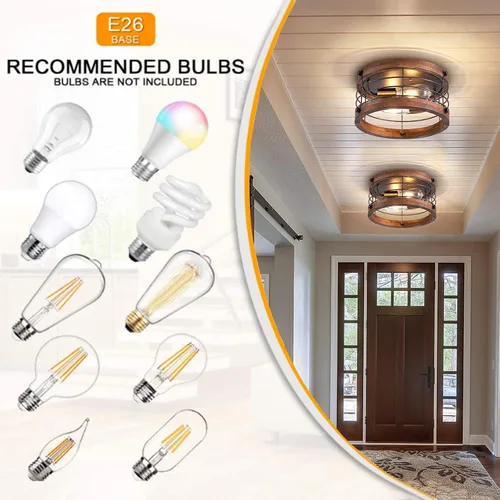 Vista 4 de Lámpara de Techo Empotrada Estilo Granja, 12.6 Pulgadas, Luminaria de Techo de Metal y Madera de 2 Luces, Lámpara de Techo Semi Tambor Rústico