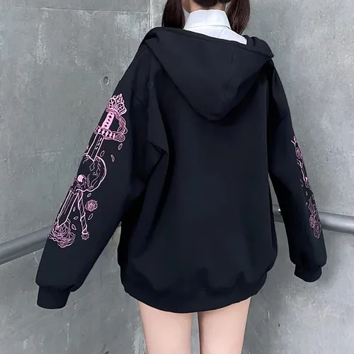 Vista 3 de Sudadera con capucha gótica con estampado vintage Harajuku, sudadera con capucha de moda callejera casual hip hop
