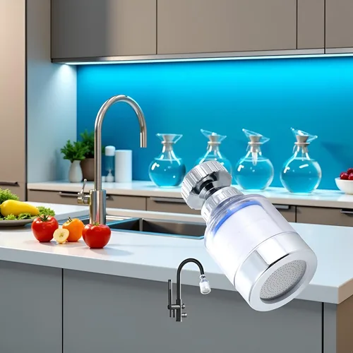 Vista 5 de Grifo de agua con filtro de fregadero, filtro de agua transparente giratorio de 360 grados que elimina el cloro, el flúor, los metales pesados