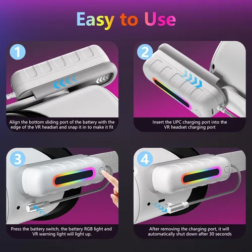 Vista 8 de Saqico Battery Pack for Oculus Quest 2/3/3S, 5000mAh Extended Power with Multi-Colors RGB Lights, Lightweight and Portable VR Extend Power