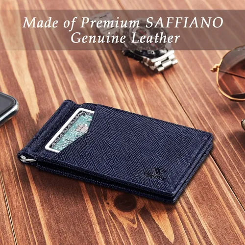 Vista 20 de YBONNE - Cartera fina con clip para dinero, de cuero auténtico, bloqueo RFID, minimalista