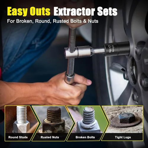 Vista 5 de Kit extractor de pernos, juego de 24 piezas de enchufes extractores de pernos y tuercas con adaptador y pasador de golpeo, kit de extracción