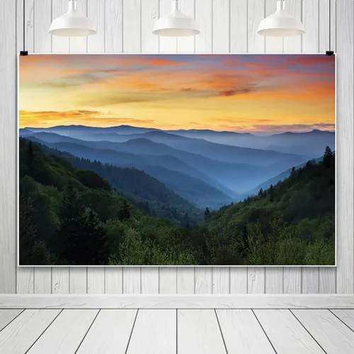 Vista 2 de Fondo de bosque de paisaje natural con vista a la montaña, puesta de sol, 5 Montañas Salida Del Sol Nubes Paisaje Fotografía Al Aire Libre WSNKY03352