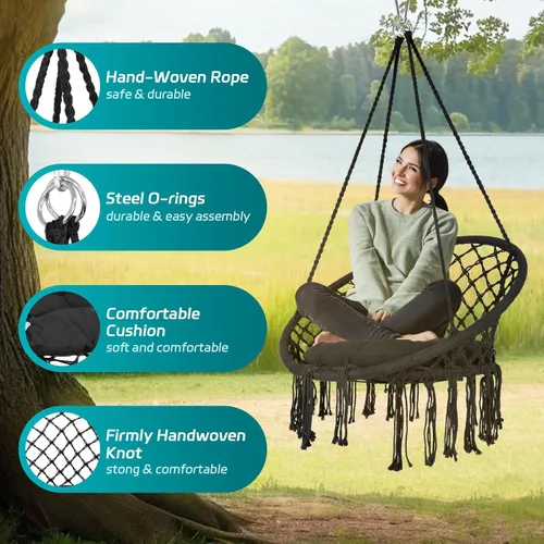 Vista 3 de Silla colgante tejida a mano de cuerda de algodón, silla hamaca, máximo 330 libras, silla de columpio de cuerda de malla tejida hecha a mano