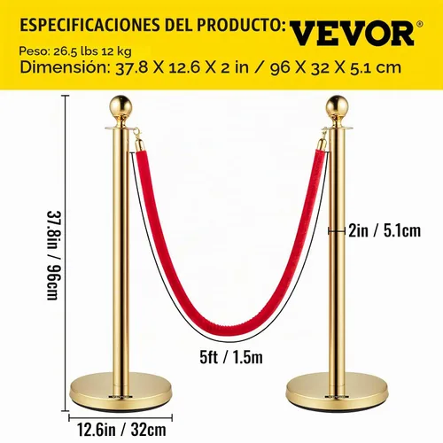 Vista 7 de VEVOR Cuerdas y postes de terciopelo, 2 piezas, cuerda de terciopelo rojo de 5 pies, poste de puntal con parte superior de bola, barreras de control