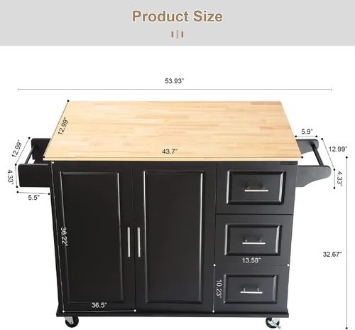 Vista 6 de Isla de cocina con mesa de madera de goma extensible, carrito de servicio móvil para microondas con estante de especias y asa, carrito grande