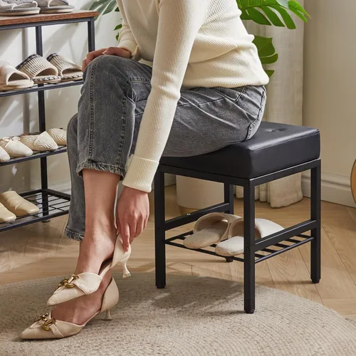 Vista 5 de IBUYKE Taburete de maquillaje cuadrado con pies ajustables y espacio de almacenamiento, silla reposapiés, asiento de tocador de PU, multiusos como