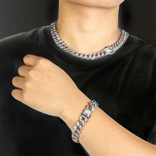 Vista 3 de Collar de cadena para hombremujer, eslabones cubanos de 13 mm esmerilados, fuertes y pesados, estilo hip-hop, Miami, cristales de imitacióncirconia
