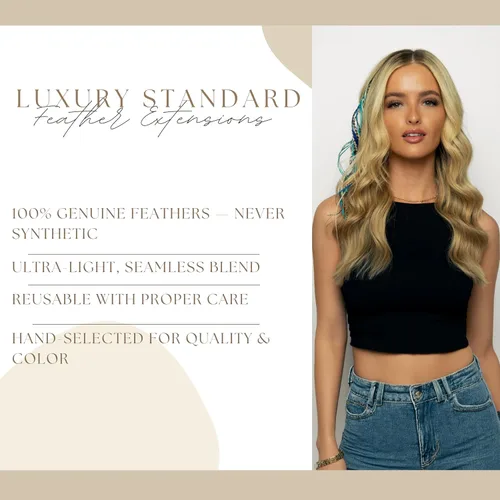 Vista 7 de 21 extensiones de cabello de color azul, kit de gallo de 9 a 14 pulgadas de largo, con 20 cuentas de microenlace, plumas 100% reales, estilo bohemio