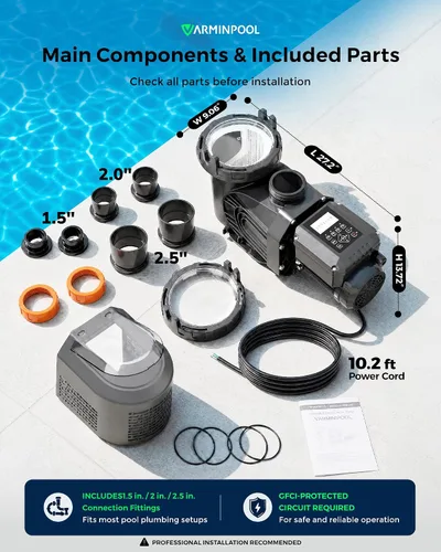 Vista 3 de Bomba de piscina de velocidad variable de 1.8 HP para piscinas elevadas e interiores, hasta 9114 GPH, bomba de piscina inversora de 220 V con motor