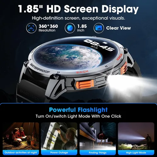 Vista 3 de Reloj Inteligente Militar para Hombres Pantalla Táctil HD de 1.85" Batería de 730mAh Relojes Inteligentes con Linterna LED para Android iOS