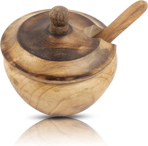 Vista 8 de Azucarero decorativo de madera rústica y cuchara con tapa de boca ancha para dulces y especias para condimentos, frutos secos, recipiente