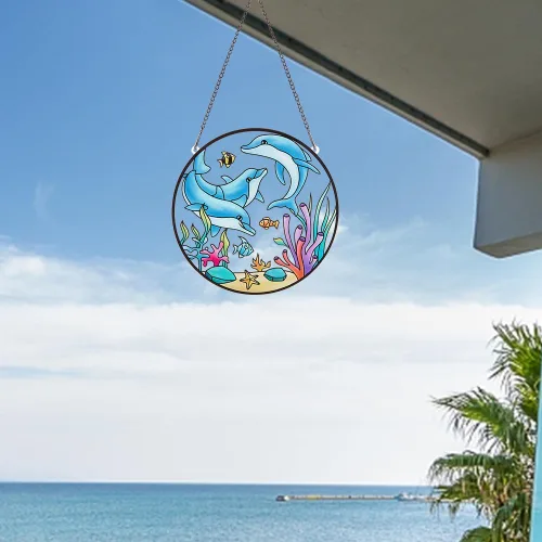 Vista 6 de PLIGREAT Suncatchers - Atrapasoles de cristal acrílico con delfín de pez marino, adorno colgante de árbol para dormitorio, sala de estar, ventana