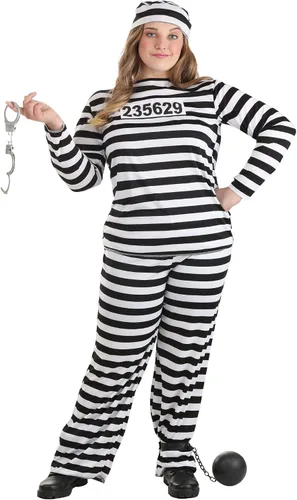Vista 5 de Disfraz de prisionero vintage para adultos disfraz de prisión a rayas para mujer Negro blanco