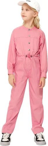 Vista 5 de Kukume Girls Long Sleeve Button Down Jumpsuits Rompers Straight Leg Cargo Pant with 5 Pockets