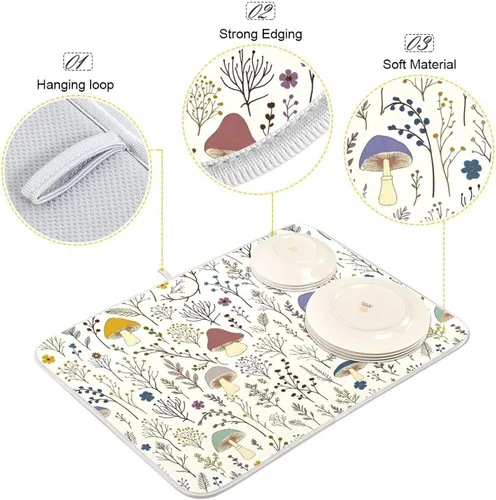 Vista 4 de Linda alfombrilla de secado de platos con hongos y plantas silvestres para encimera de cocina, almohadilla absorbente de microfibra, mediana 16x18