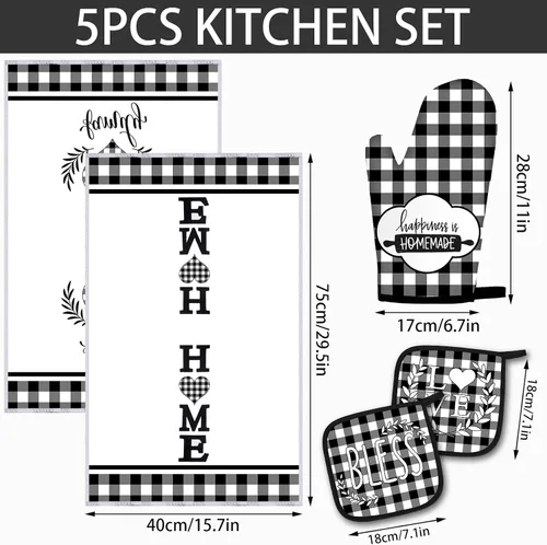 Vista 2 de Juego de 5 toallas de cocina a cuadros de búfalo, guantes de horno y soporte para ollas, toallas de cocina en blanco y negro, almohadillas calientes