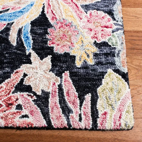 Vista 4 de SAFAVIEH Jardin Collection - Alfombra de pasillo, 2 pies 3 pulgadas x 8 pies, carbón y rojo, hecho a mano, lana floral y algodón, ideal para zonas