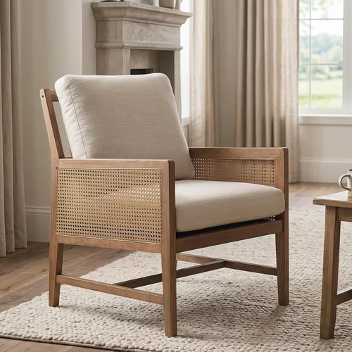 Vista 6 de chairus Silla decorativa moderna Mid-Century de madera maciza tapizada con reposabrazos de caña y respaldo de listones, cómoda silla de lectura