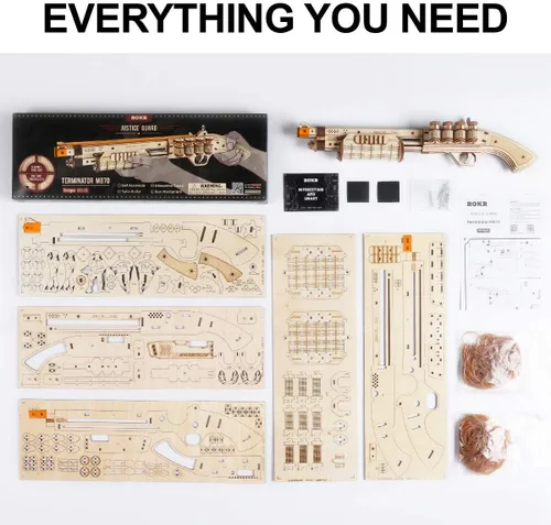 Vista 6 de ROKR Rompecabezas de madera 3D, juguetes de construcción de bricolaje, modelo mecánico, juego multijugador con objetivos de madera y bandas de goma