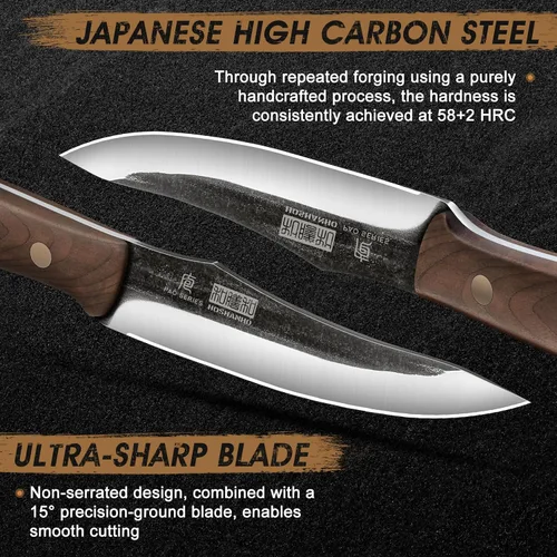Vista 2 de HOSHANHO Juego de 6 cuchillos para carne, ultra afilados de 4.5 pulgadas, no dentados, de acero de alto carbono, forjados a mano con mango de madera