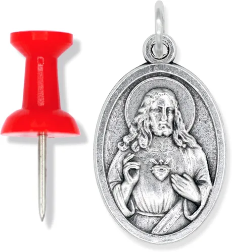 Vista 5 de Paquete de 5 medallas del Corazón de María y el Sagrado Corazón de Jesús Colgantes católicos oxidados de plata de 1 pulgada para collar y rosario