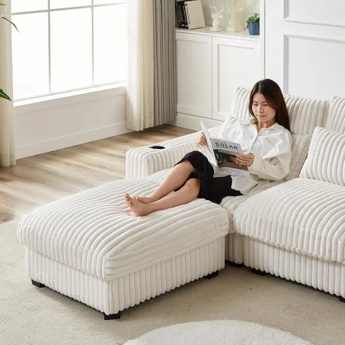 Vista 4 de Sofá cama modular de pana de 126 pulgadas de gran tamaño con portavasos, sofá cama convertible de 4 plazas con puerto de carga USB y cojines de Beige