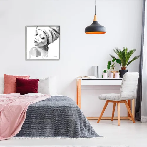 Vista 2 de Stupell Industries Mujer con envoltura para la cabeza retrato de acuarela blanco y negro diseñado por Aimee Del Valle Arte de pared enmarcado gris