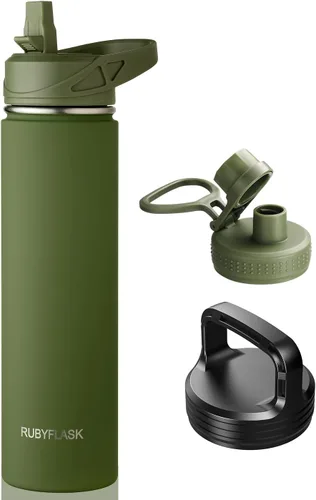 Vista 27 de RUBYFLASK - Botella de agua aislada con pajilla, jarra de agua al vacío de acero inoxidable, 24 onzas, botella con 3 tapas a prueba de fugas