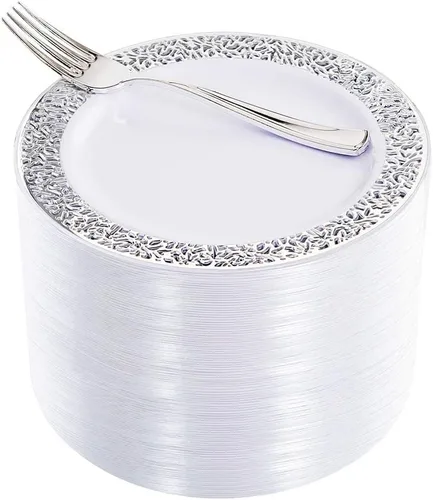 Vista 19 de Platos de postre de plástico plateado con tenedores de plástico, 100 platos cuadrados desechables para aperitivos, platos pequeños con borde Blanco