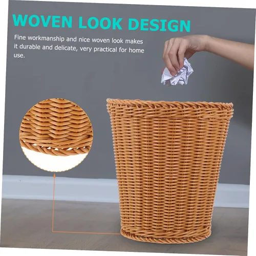 Vista 4 de Elegante cubo de basura tejido natural tapa de cesta de gran capacidad para sala de estar estudio