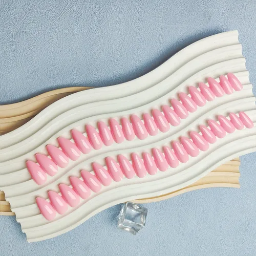 Vista 4 de Uñas postizas a presión color rosa bebé con forma de almendra, 48 piezas, uñas postizas gruesas neutras para mujeres, uñas de almendra medianas a