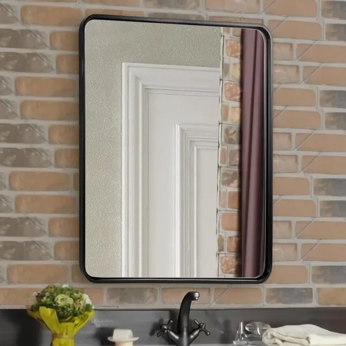 Vista 36 de Espejo de latón para baño, espejo rectangular redondeado de 22x30 pulgadas con marco de metal cepillado dorado, espejo de tocador de baño sin