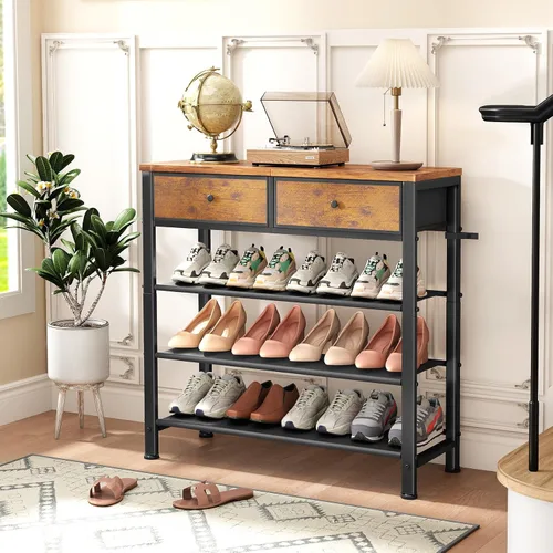Vista 2 de Kitstorack - Zapatero de 4 niveles, organizador de zapatos para 9-12 pares de zapatos, con 2 cajones, 3 estantes de tela y parte superior de madera