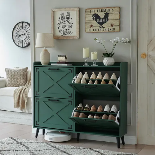 Vista 9 de Barnyatoh - Gabinete de almacenamiento de zapatos estilo granja, organizador de zapatos con 2 cajones abatibles y diseño de puerta de granero