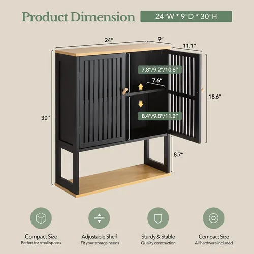 Vista 2 de Mueble de pared para baño, 24 "x 30", puertas de listones de bambú Negro-1