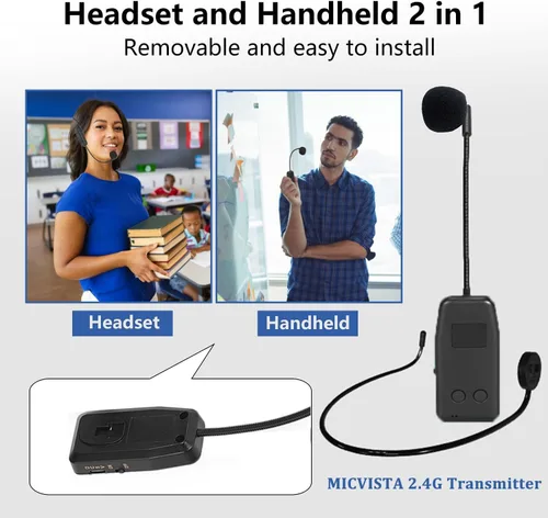 Vista 4 de Sistema de micrófono inalámbrico para 4 personas, micrófonos inalámbricos de diadema 2.4G y micrófonos de mano 2 en 1, ideal para oradores