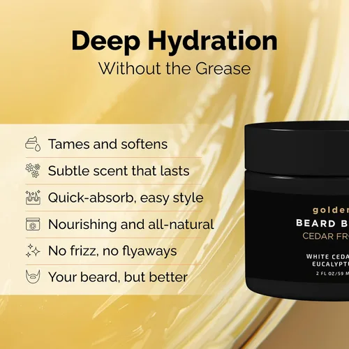 Vista 2 de Golden Grooming - Bálsamo para barba – Domina los flaways y promueve un crecimiento más grueso, cera de peinado natural con manteca de karité