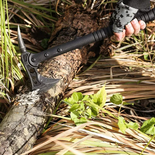 Vista 7 de Hacha de campamento, Tomahawk con pincho, hacha de supervivencia con funda, mango de fibra de nailon para supervivencia al aire libre, senderismo 1