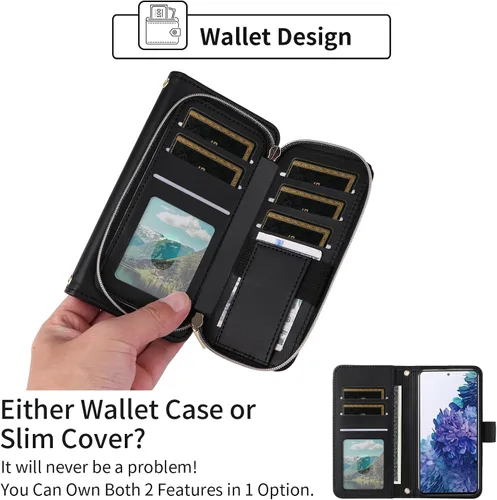 Vista 5 de Funda de Cartera para Samsung Galaxy S20 FE 5G de 6.5 Pulgadas con Correa para Muñeca, Billetera con Cremallera y más de 9 Ranuras para Tarjetas