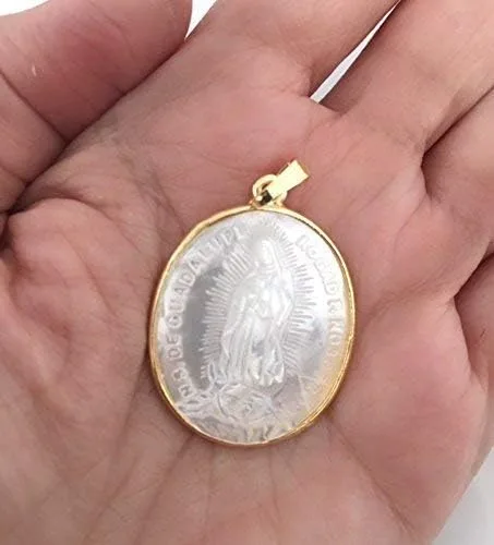 Vista 3 de Madre de Perla Nuestra Señora de Guadalupe Medalla Grande 1,5 Pulgadas Forma Oval