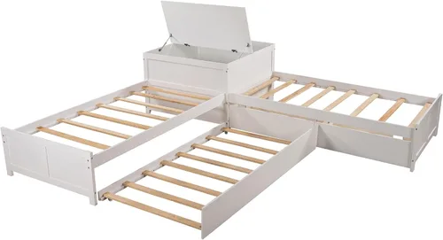 Vista 8 de Moderna cama de plataforma en forma de L con nido y cajones, cama de plataforma de madera de tamaño individual con mesa cuadrada abatible White#w