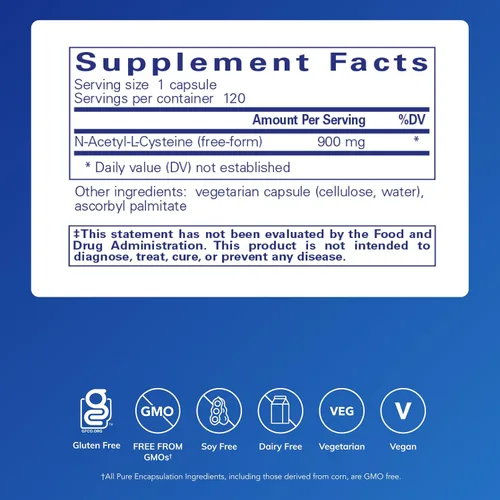 Vista 2 de Pure Encapsulations NAC 900 mg - Suplemento de aminoácido N-acetil cisteína para apoyo pulmonar e inmunológico, hígado y antioxidantes* - 120
