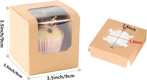 Vista 2 de 25 unidades de recipientes blancos individuales para cupcakes con insertos de ventana, asa para cajas de dulces de boda (25P-marrón)