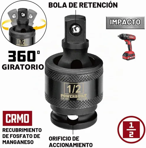Vista 4 de Powerbuilt Master Juego de llaves de impacto de 63 piezas de 1/2 pulgada, extensiones, llaves de impacto métricas y SAE profundas/estándar, junta
