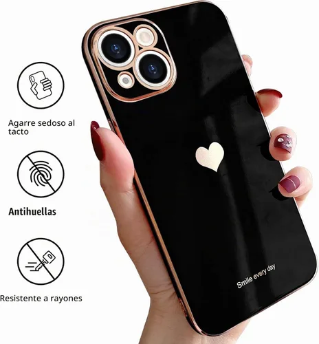 Vista 8 de Teageo Funda de iPhone 13 Pro, mujer y niña, corazón bonito, chapado brillante, cubierta trasera suave negra, protección completa de cámara Negro